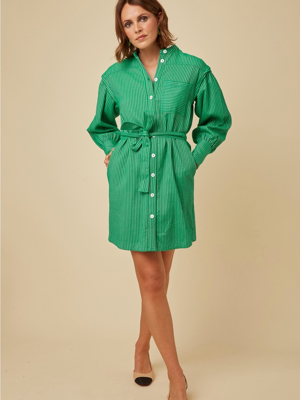 FRNCH Green Striped Button-Front Dress with Tie Waist L